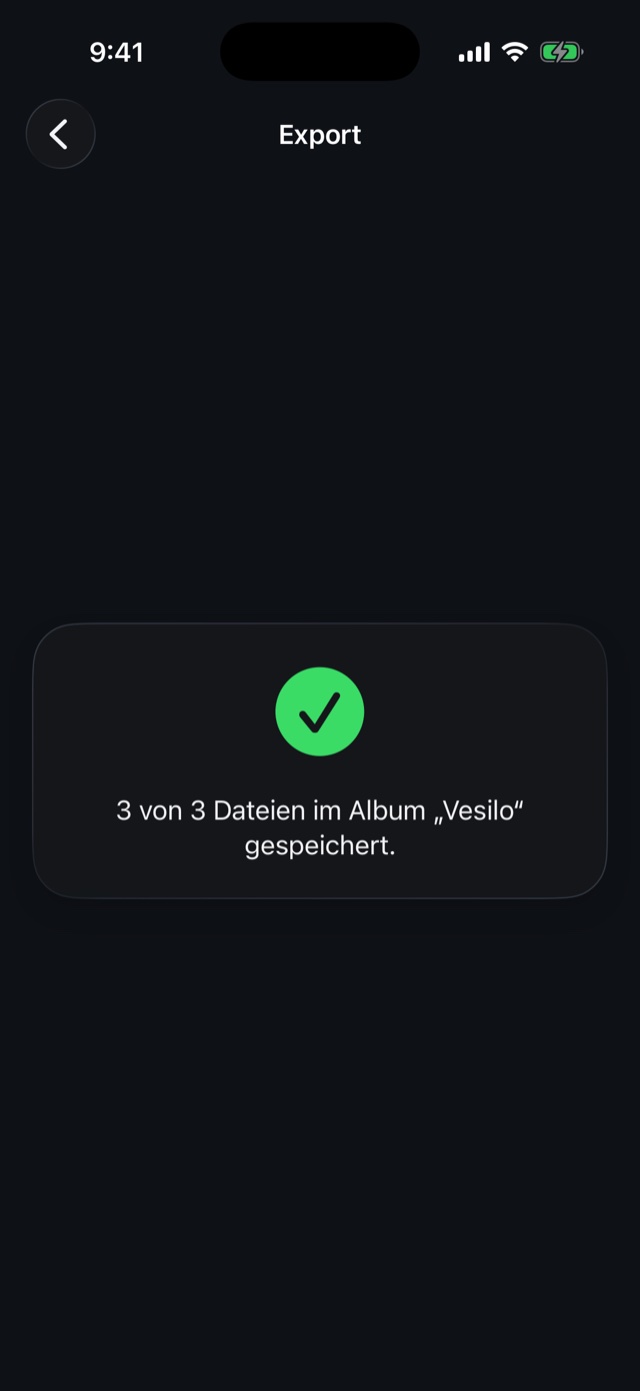 Der Export-Bildschirm bestätigt: alle Dateien im Album Vesilo gespeichert