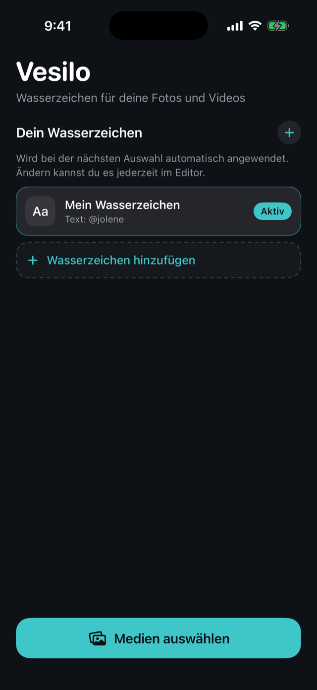 Der Vesilo-Startbildschirm mit gespeichertem Wasserzeichen