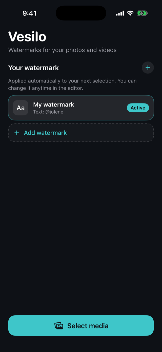 The Vesilo start screen with a saved watermark